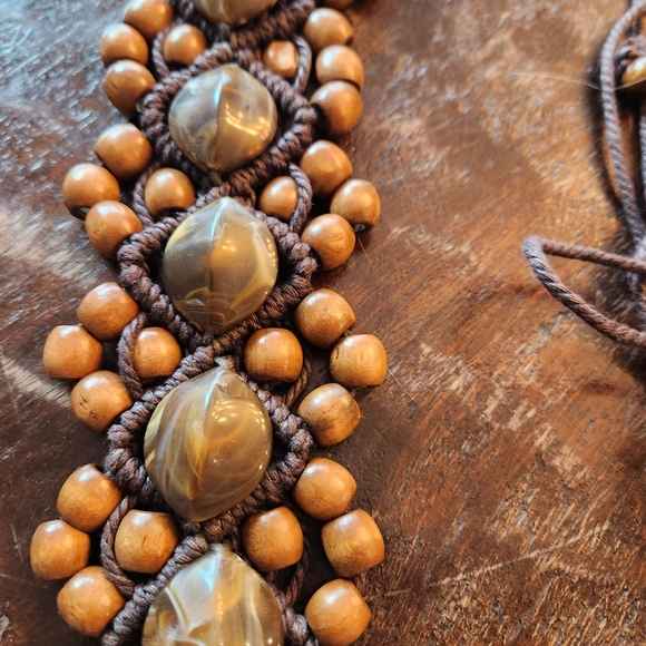 Vintage 70s Macramé Belt Wooden Beads and Tigers Eye Agate 69" BOHO Retro Hippie - Picture 2 of 13